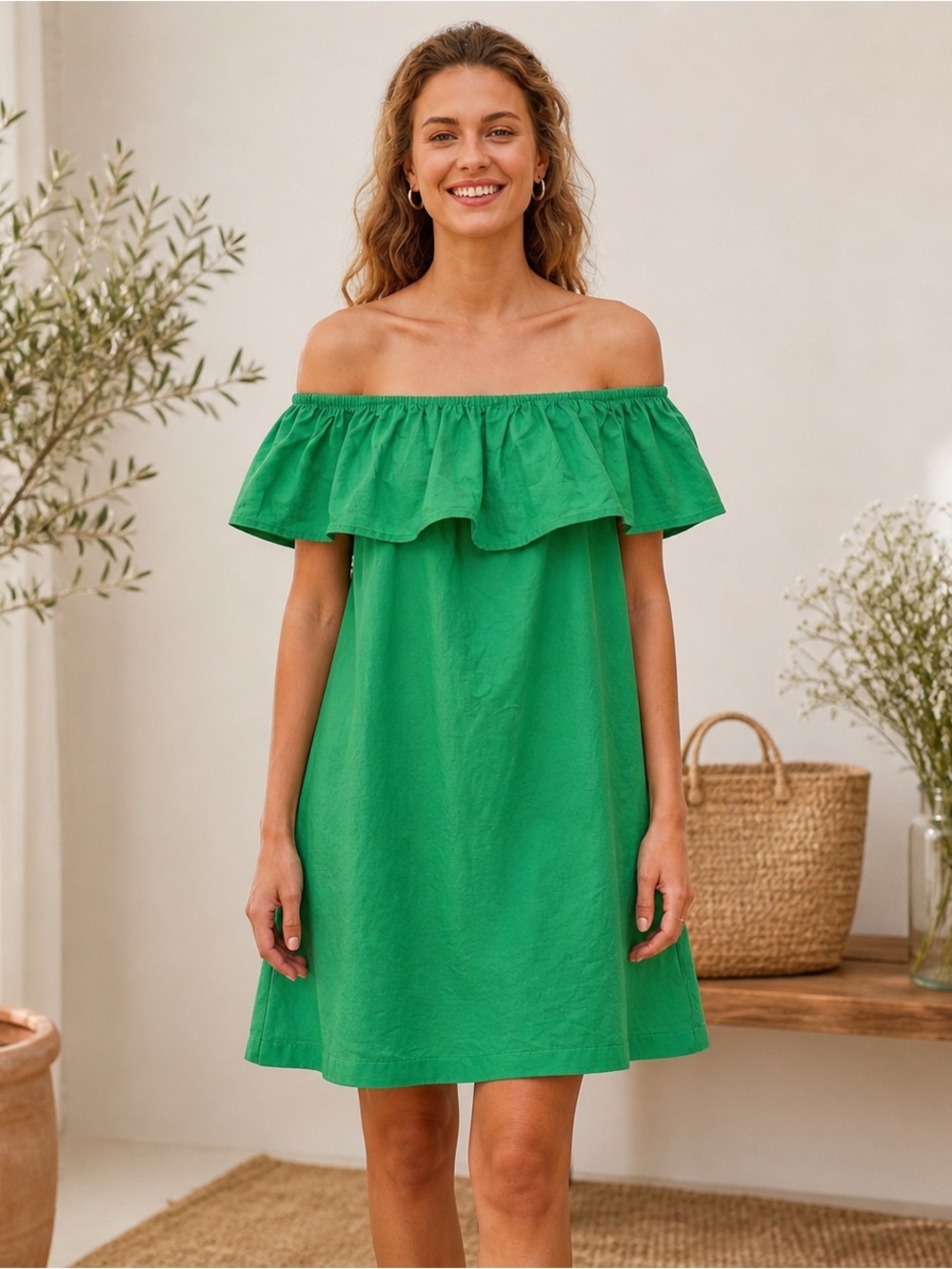 Who What Wear Green Off Shoulder Ruffle Dress XL Boho Summer Cotton